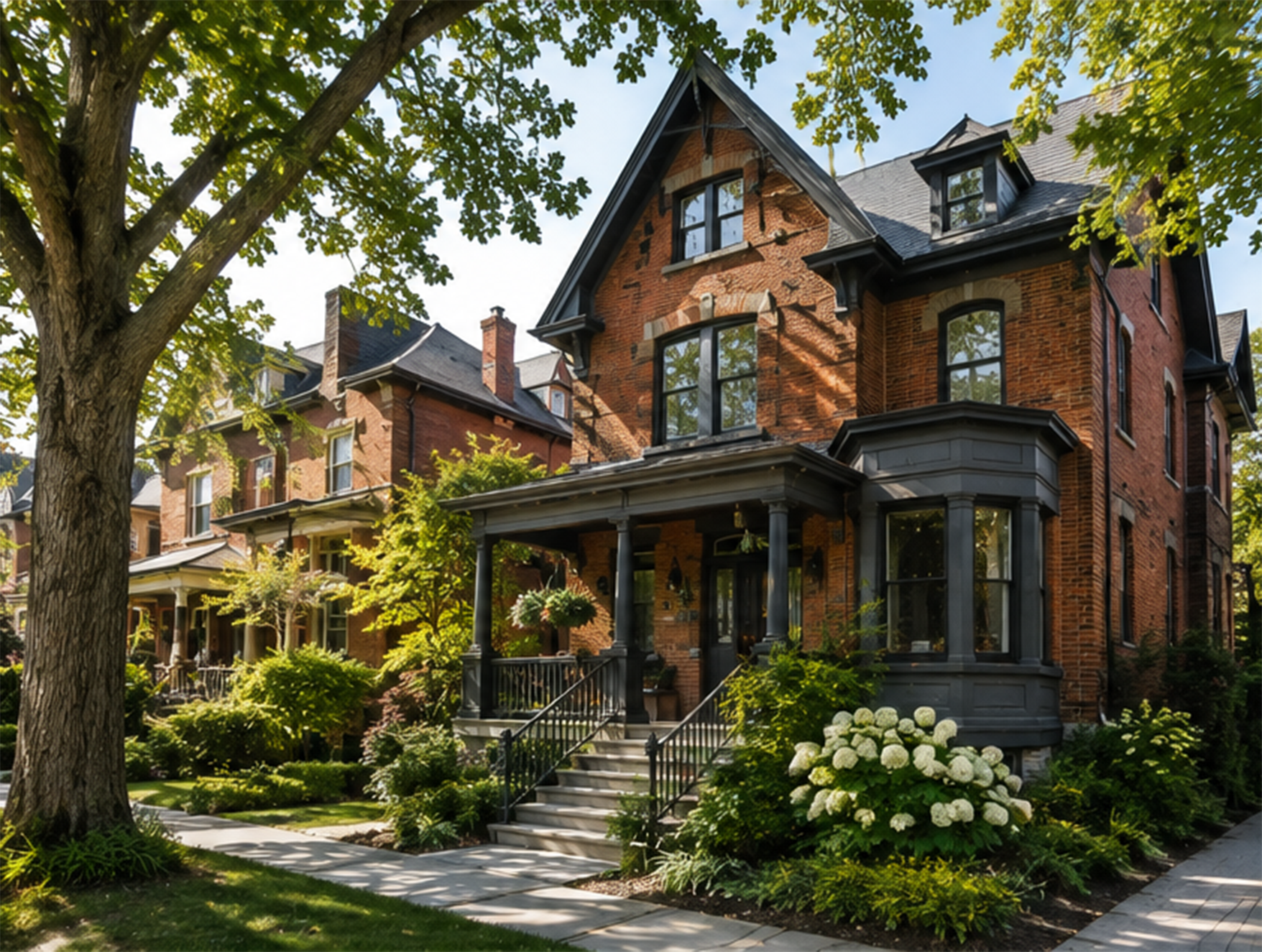 A row of historic brick houses with porches, surrounded by lush green trees and well-maintained gardens.