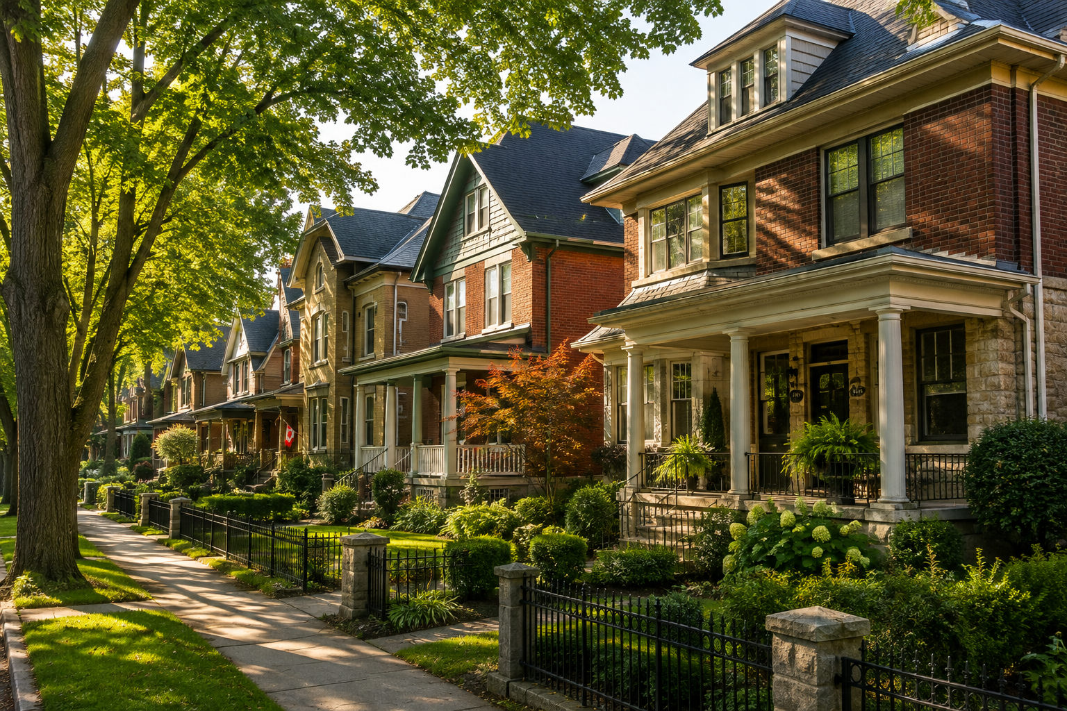 Row of historic brick and stone houses on a tree-lined street with well-maintained gardens, iron fences, and sidewalk in sunlight