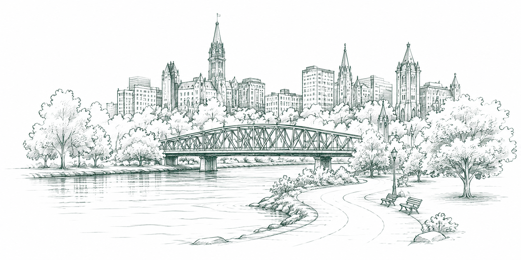 A black and white sketch of a city skyline with tall buildings and churches, viewed from a park along a river with trees, benches, and street lamps.