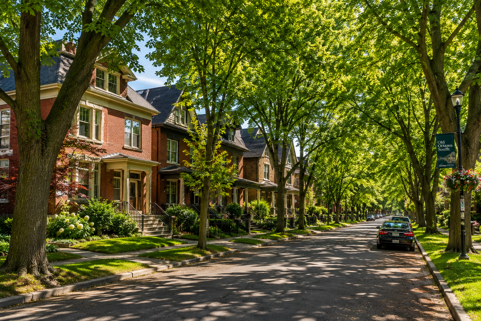 A tree-lined residential street with brick houses and neatly maintained front yards, with cars parked along the curb and sunlight filtering through the leafy canopy.