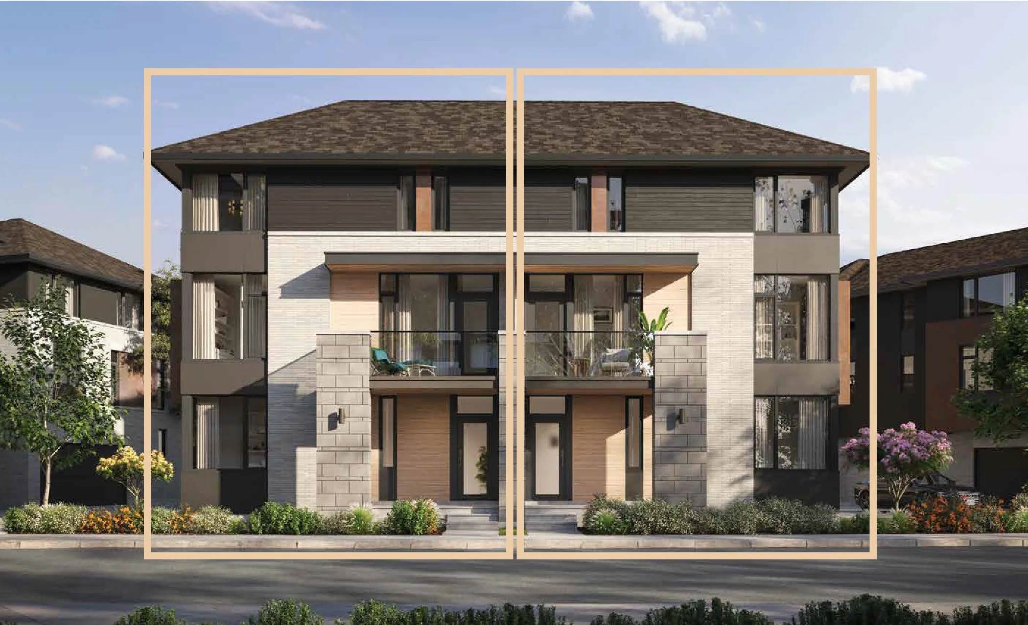 Modern multi-story residential building with balconies, large windows, and a combination of brick, wood, and concrete exterior finishes, set in a landscaped area with trees and flowers.