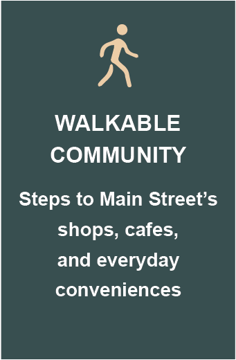Sign showing a person walking and labeled "WALKABLE COMMUNITY" with text "Steps to Main Street's shops, cafes, and everyday conveniences."