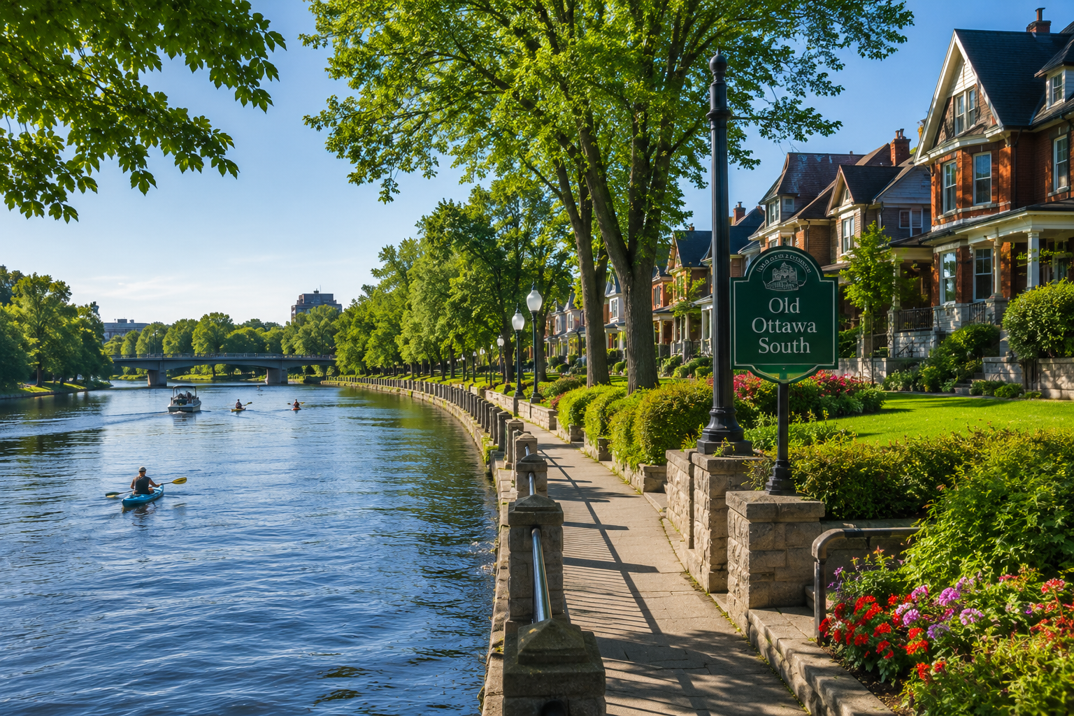 View of the Ottawa River with kayakers and boats, lined with trees and Victorian-style houses on the right, and a sign reading 'Old Ottawa South' in the foreground.