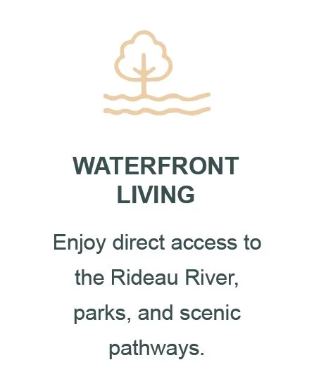 A promotional sign with a tree and water design that reads "Waterfront Living. Enjoy direct access to the Rideau River, parks, and scenic pathways."