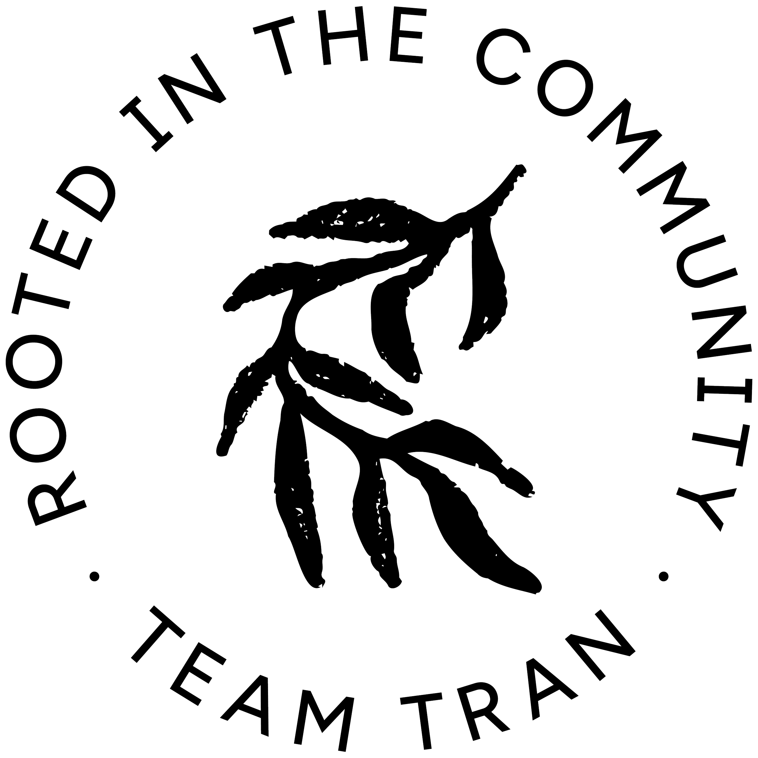 Black logo with an outline of a ginseng plant and the text 'Rooted in the community team train' in a circular pattern.