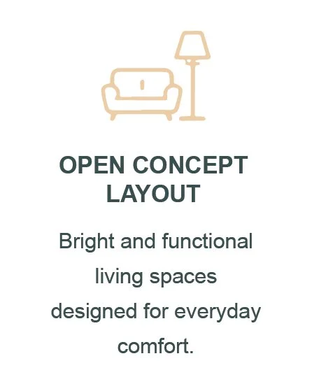 Illustration of a sofa and standing lamp above text promoting open concept layout for bright, functional living spaces designed for everyday comfort.