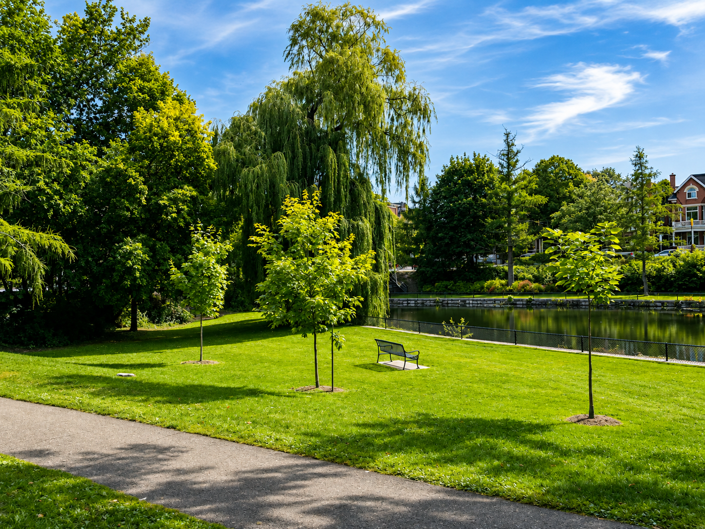 Park and green space in The Glebe, Ottawa. A scenic park view with lush green grass, various trees, a pond, a bench, and residential buildings in the background, under a partly cloudy blue sky.
