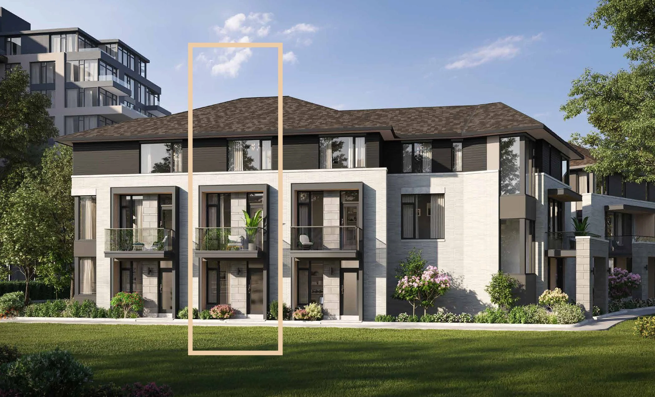 Modern residential building with balconies, trees, and a lawn, under a blue sky with some clouds.