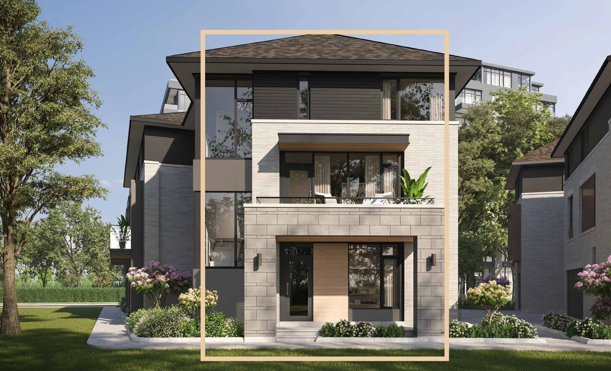 Modern multi-story house with glass windows, a small balcony, and landscaped garden with trees and flowers.