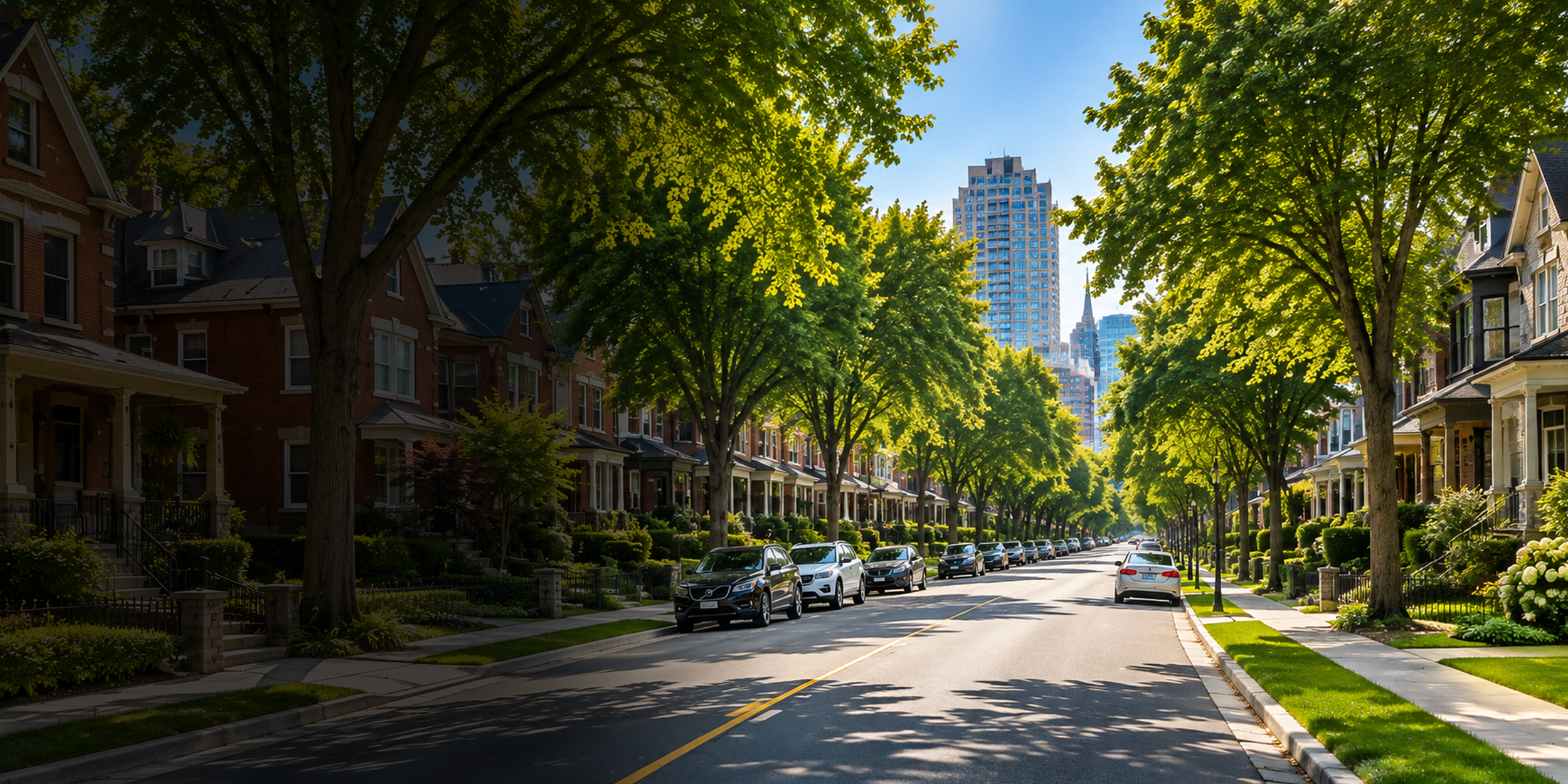 A tree-lined residential street with parked cars, Victorian-style houses, and a tall skyscraper in the background, under a clear blue sky.