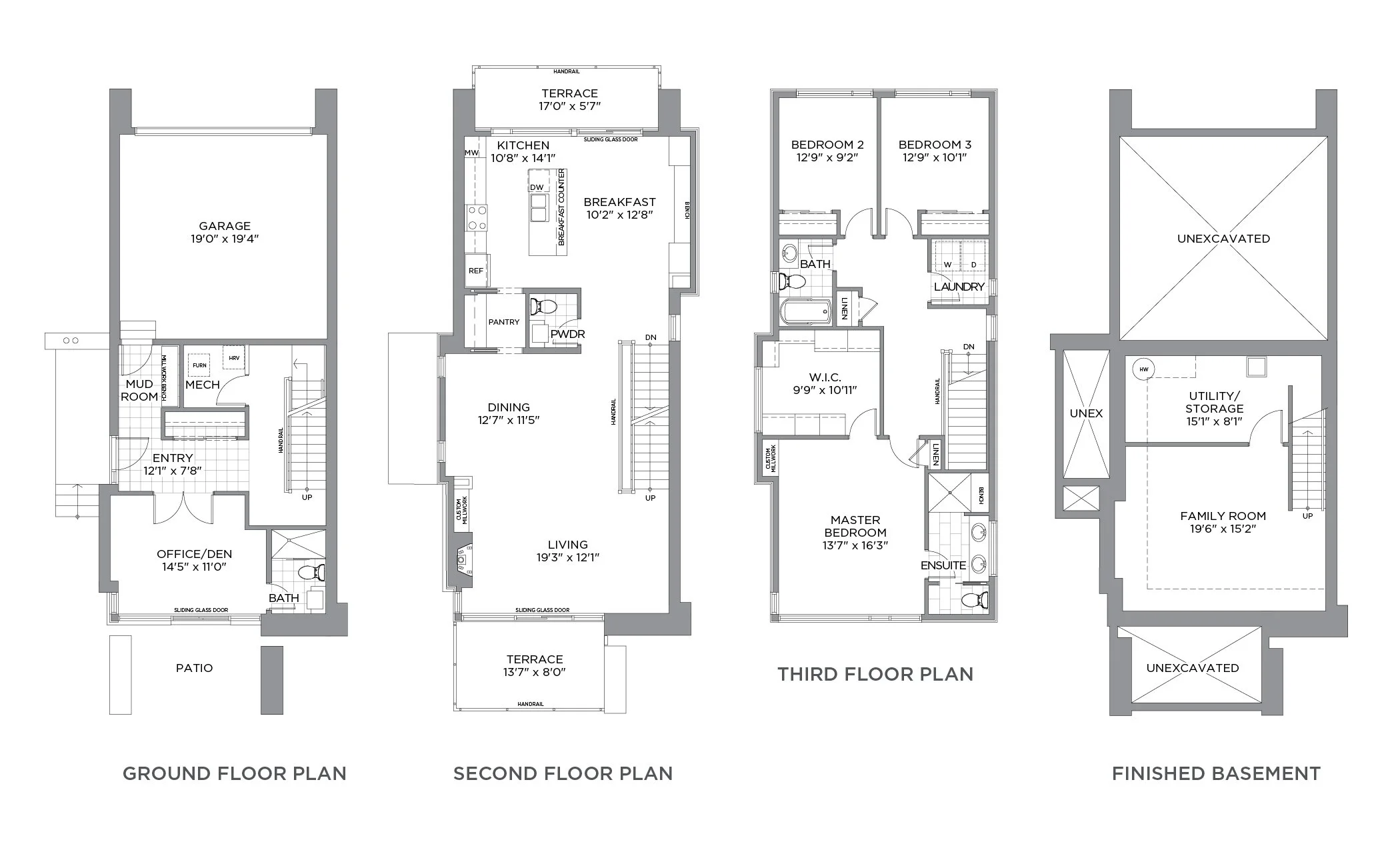 Floor plans for a multi-story house including ground floor, second floor, third floor, and finished basement with labeled rooms and areas.