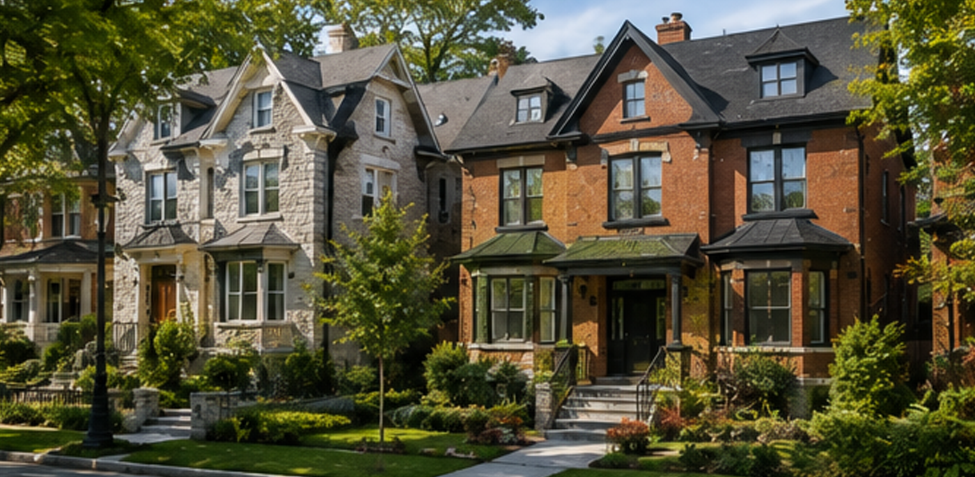A row of historic Victorian-style houses with well-maintained lawns and trees in front, in a residential neighborhood, under a partly cloudy sky.