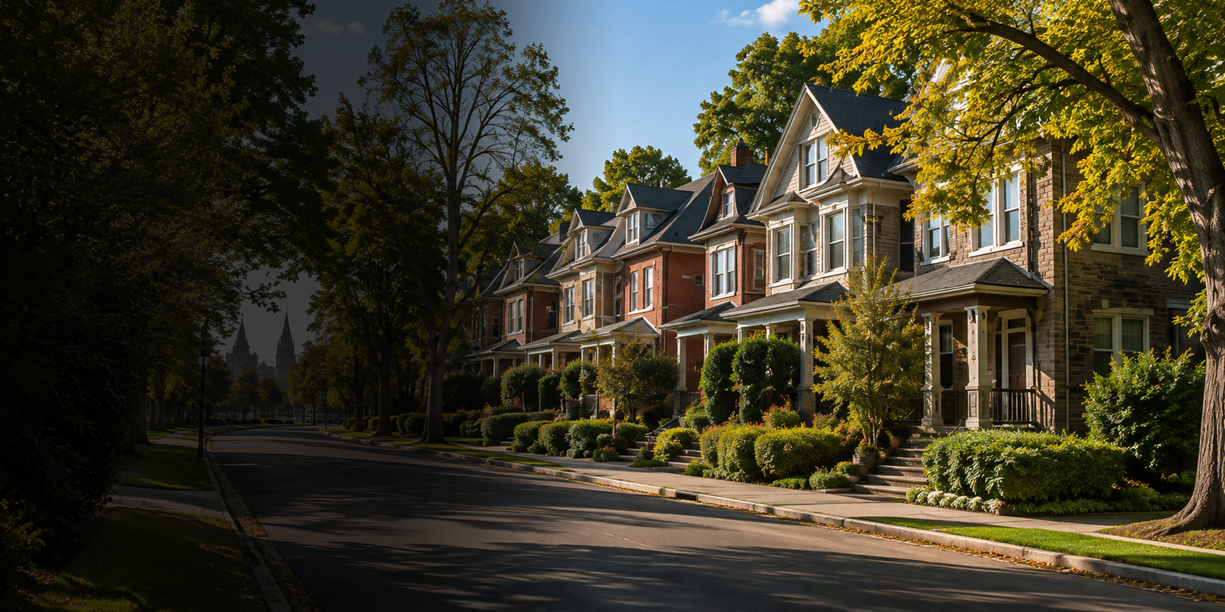 Row of historic American houses on a tree-lined street during daytime with blue sky.