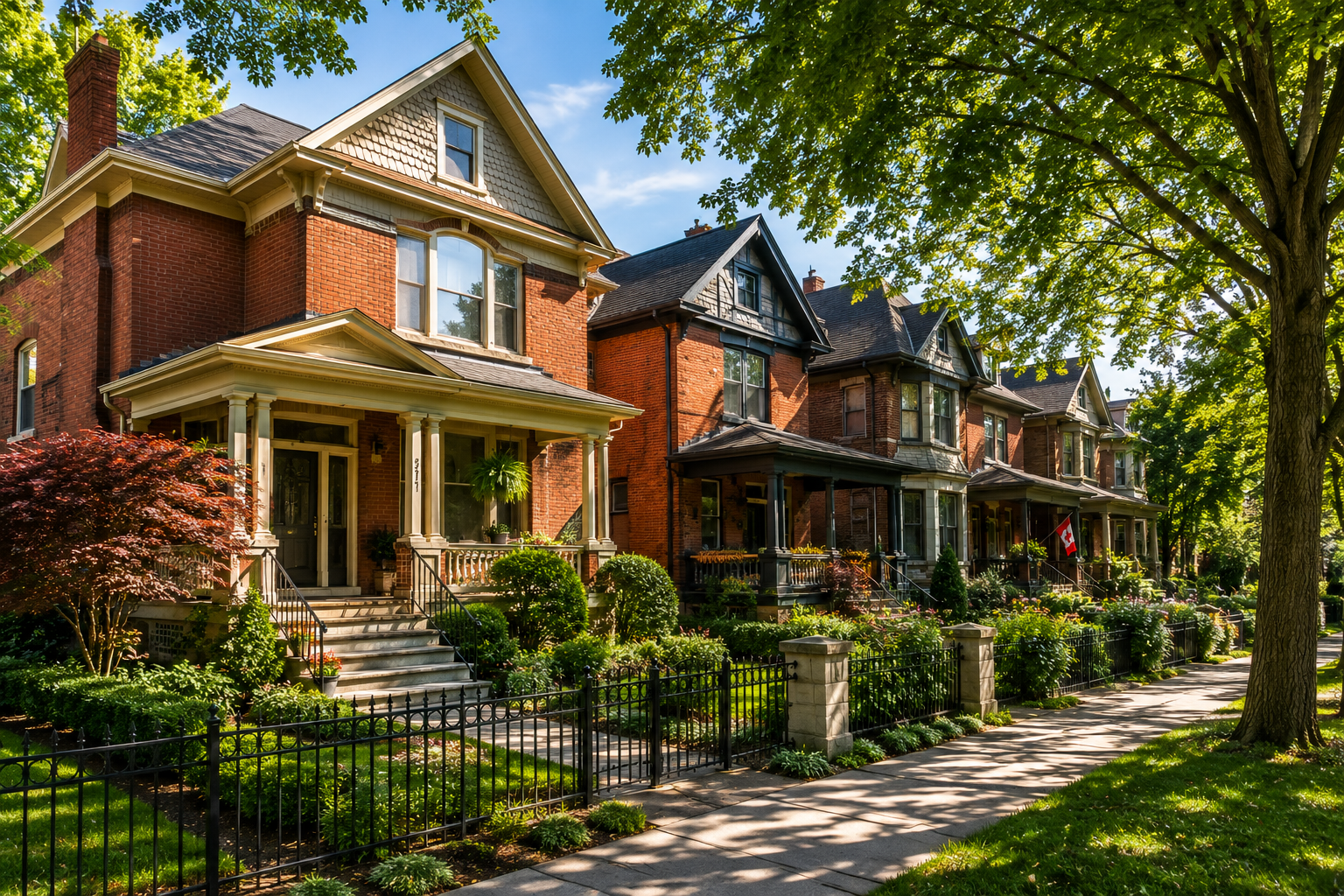 A row of historic brick houses with flower gardens and porches, leafy green trees, and a sidewalk in a quiet neighborhood on a sunny day.