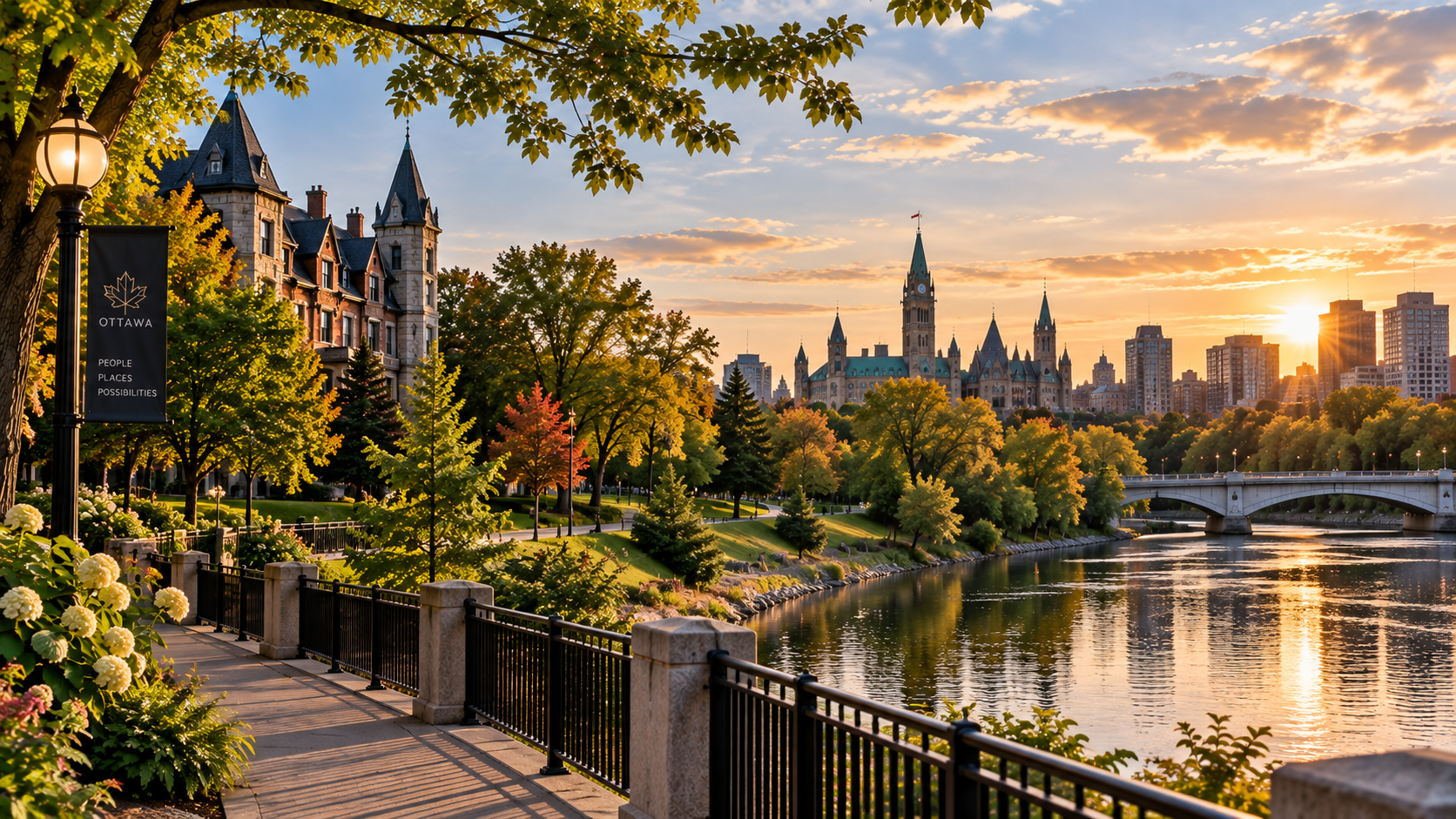 Sunset over the Ottawa cityscape with historic buildings, a river, and trees in autumn.
