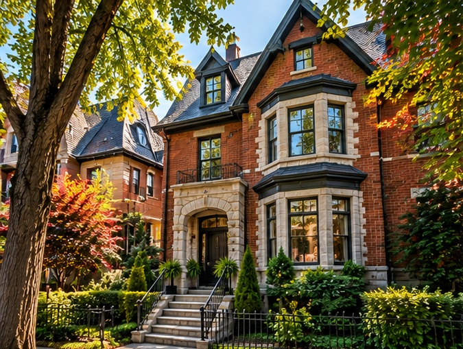 A large historic red brick house with multiple bay windows, a dark shingled roof, and a stone archway entrance, surrounded by lush green trees and landscaping.