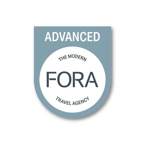 Logo for FORA Travel Agency with 'Advanced The Modern' text on a blue shield-shaped background.