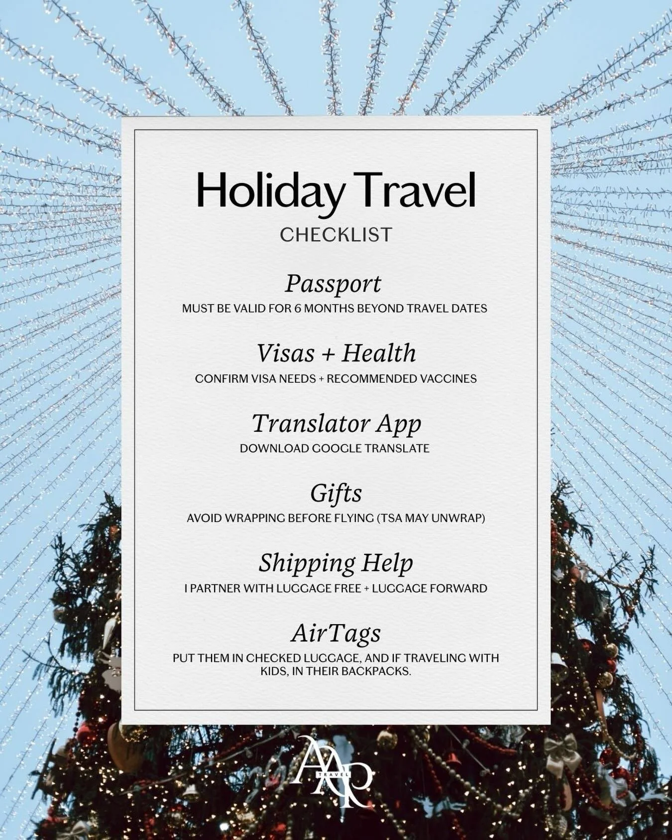 If you have holiday travel on the horizon, don&rsquo;t let the little details get in the way of your festive plans! Here are some tips from your friendly neighborhood travel advisor to get you on your way ✈️❤️🎄

Wishing you all a safe and happy holi