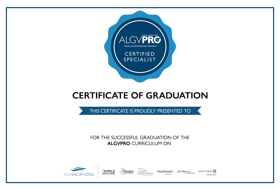 Certificate of graduation from ALGPRO curriculum with logos of vacation and travel companies at bottom.