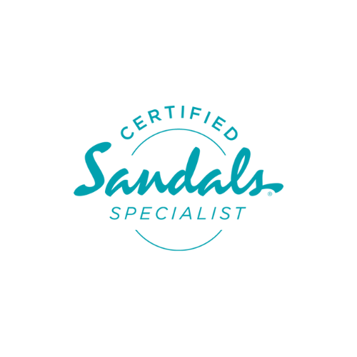 Logo for Certified Sandals Specialist with the word 'Sandals' in a cursive font