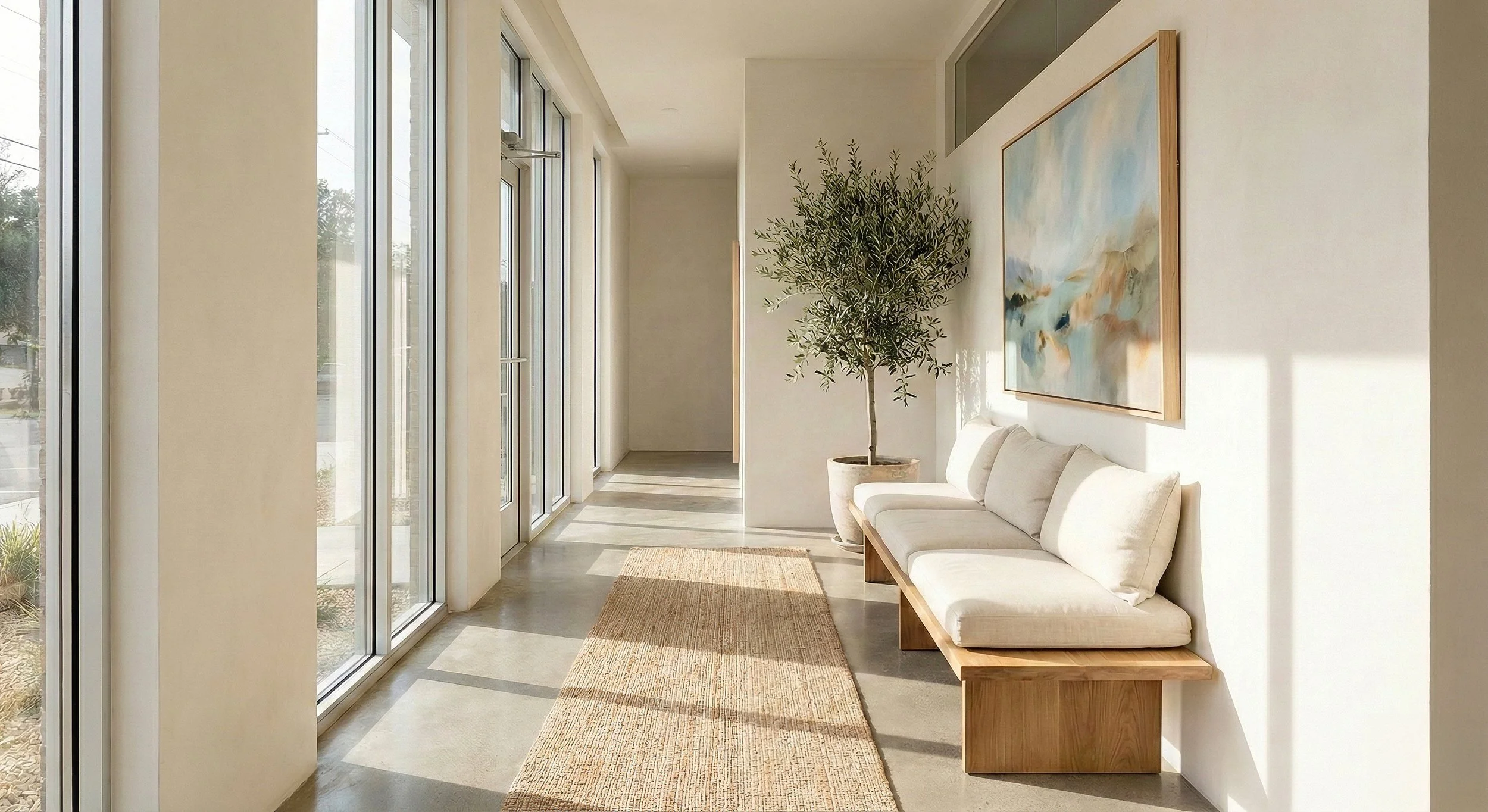 A bright modern indoor space with large glass windows, white walls, a beige bench with white cushions and wooden frame, a potted plant, abstract artwork on the wall, and a woven rug on the floor.