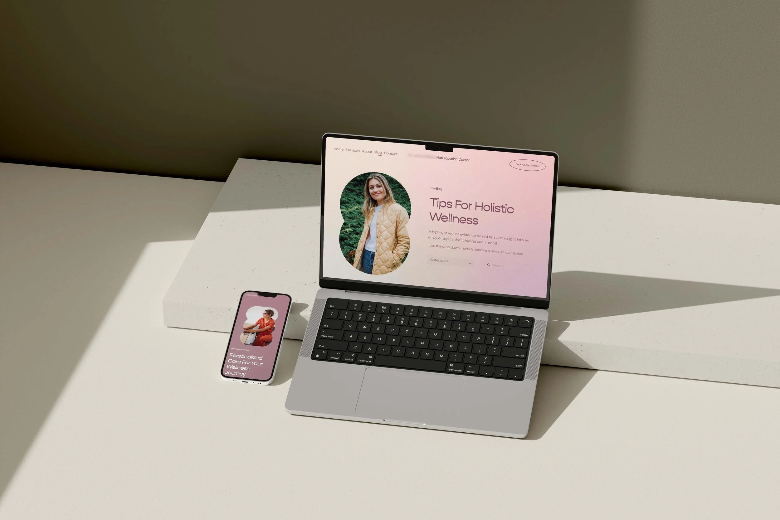 Modern wellness website design using warm colors and organic shapes to attract new patients to a holistic clinic.