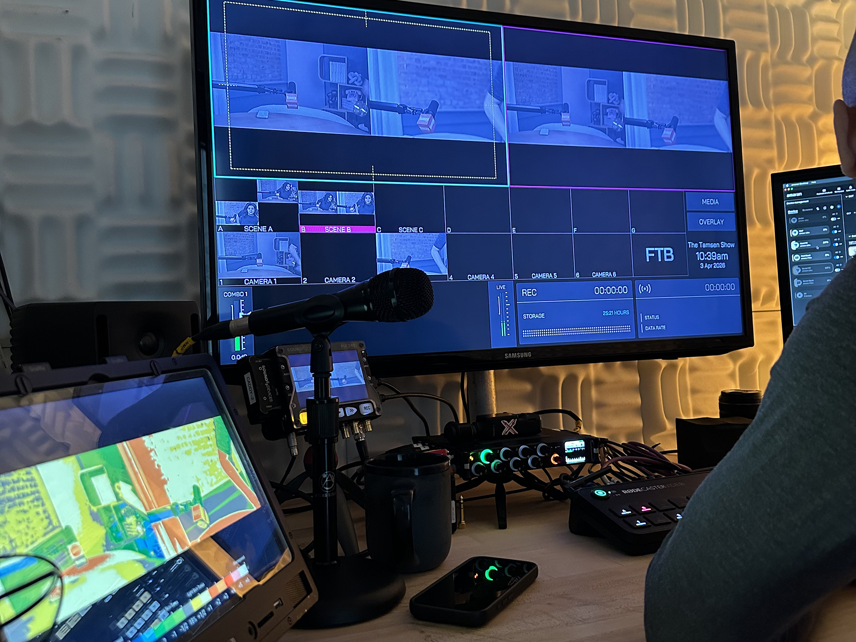 Podcast control room with audio and video monitoring equipment at NMP Films NYC studio