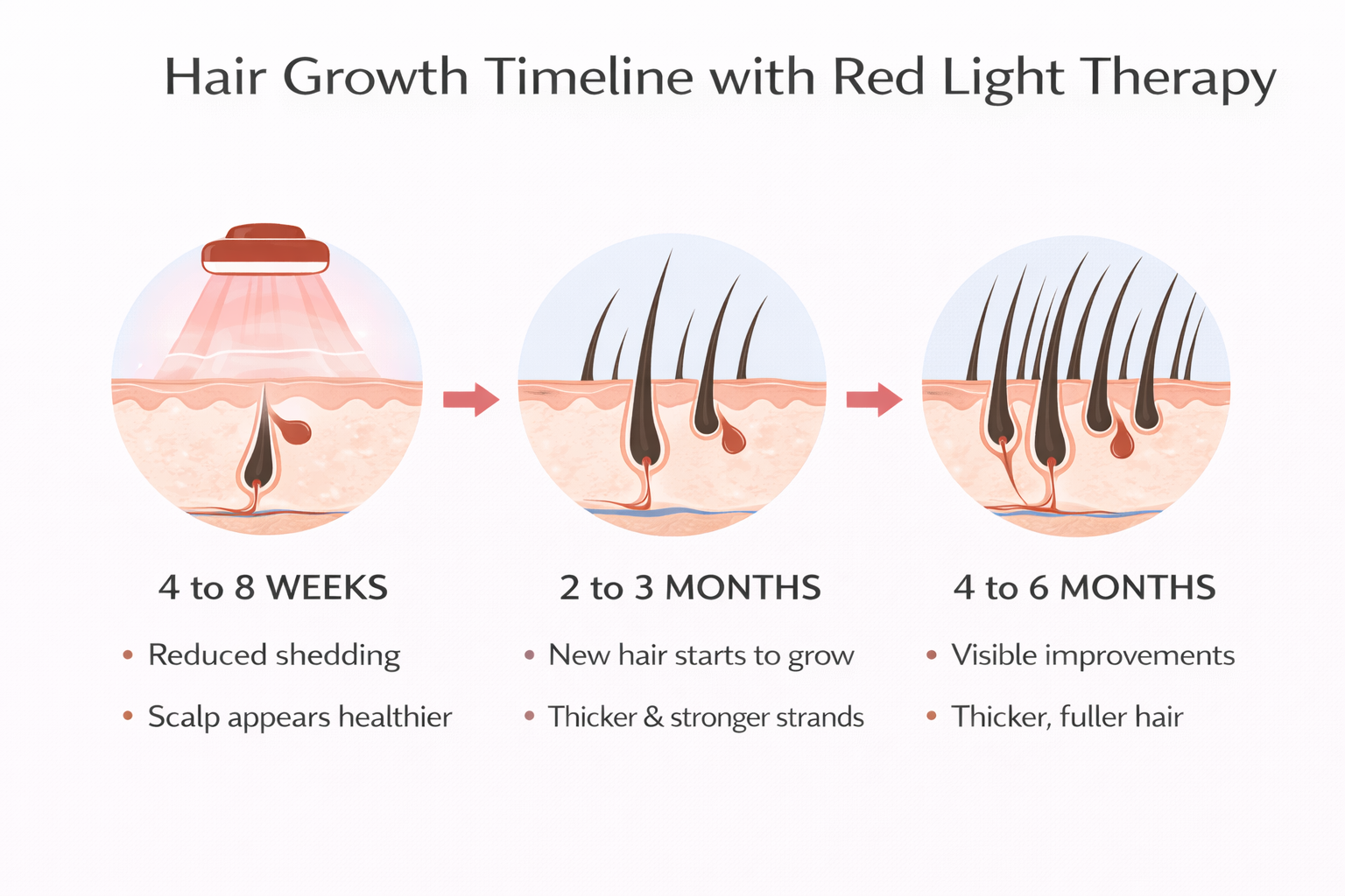 Infographic showing a hair growth timeline with red light therapy