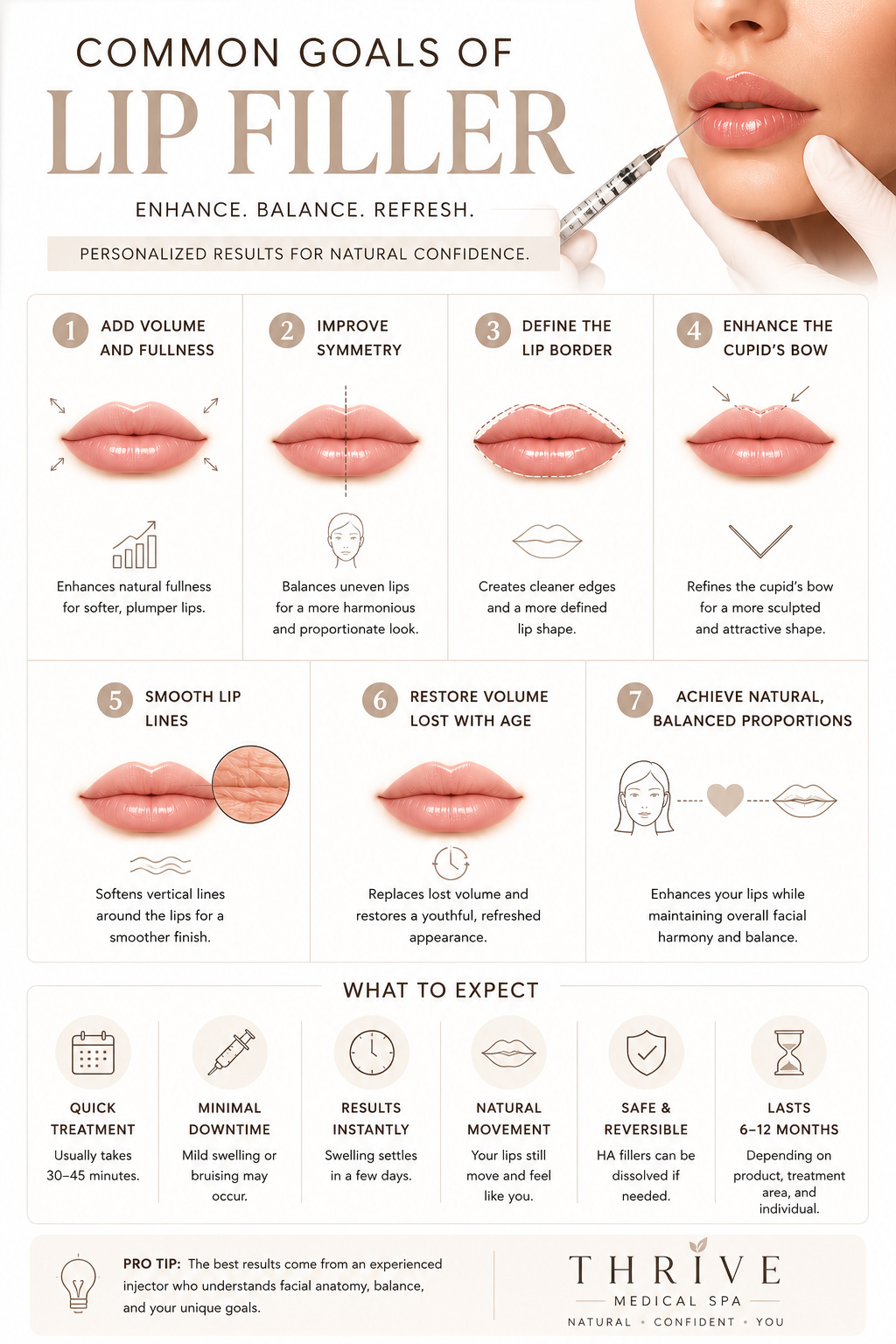 Infographic showing the common goals of lip filler