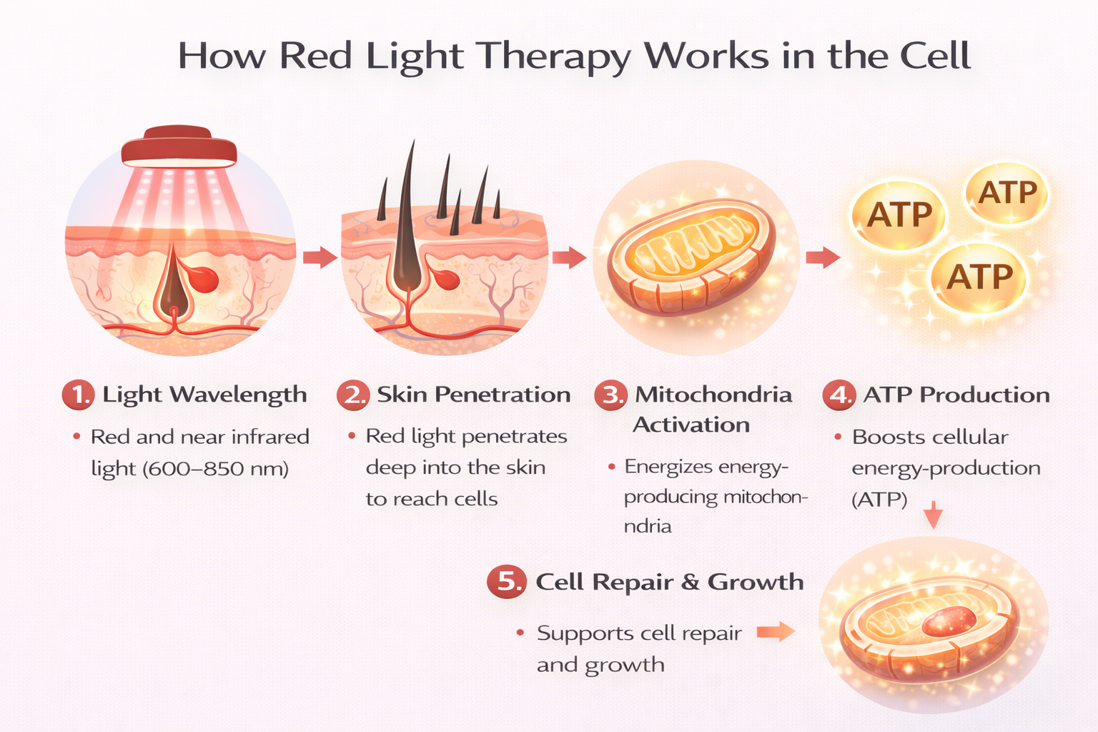 Infographic showing how red light therapy works in the cell