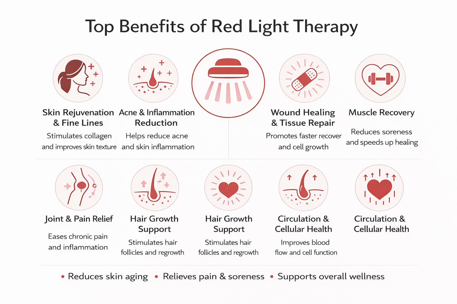 Infographic showing the top benefits of red light therapy