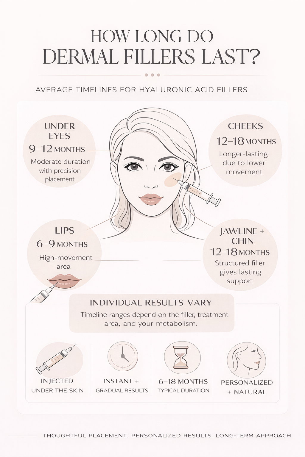 Infographic showing how long dermal fillers last by area (under eyes, cheeks, lips, and jawline/chin)