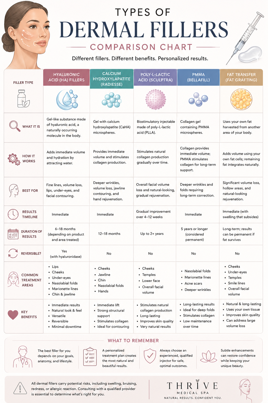 Comparison chart infographic of dermal fillers