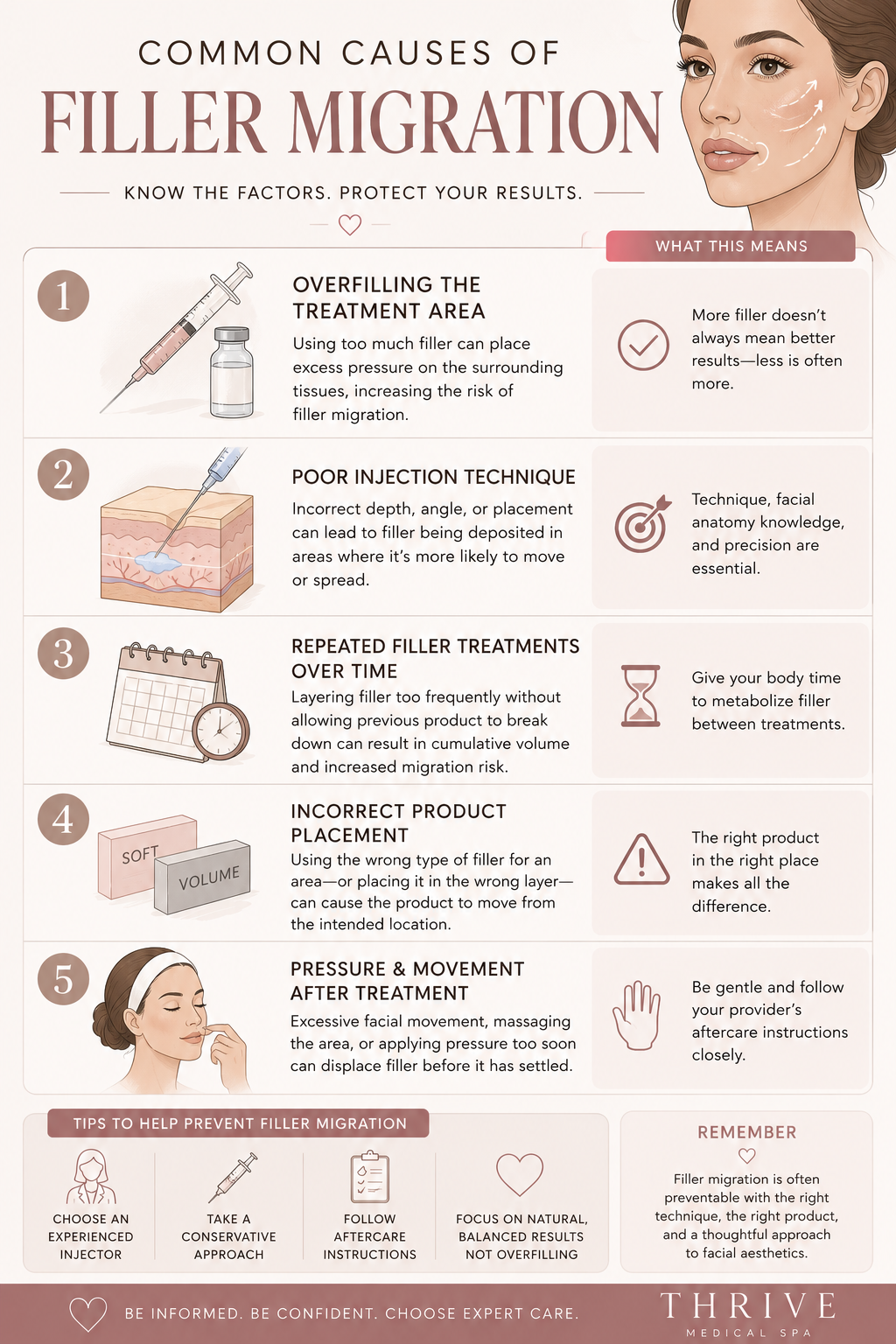 Infographic showing the common causes of filler migration