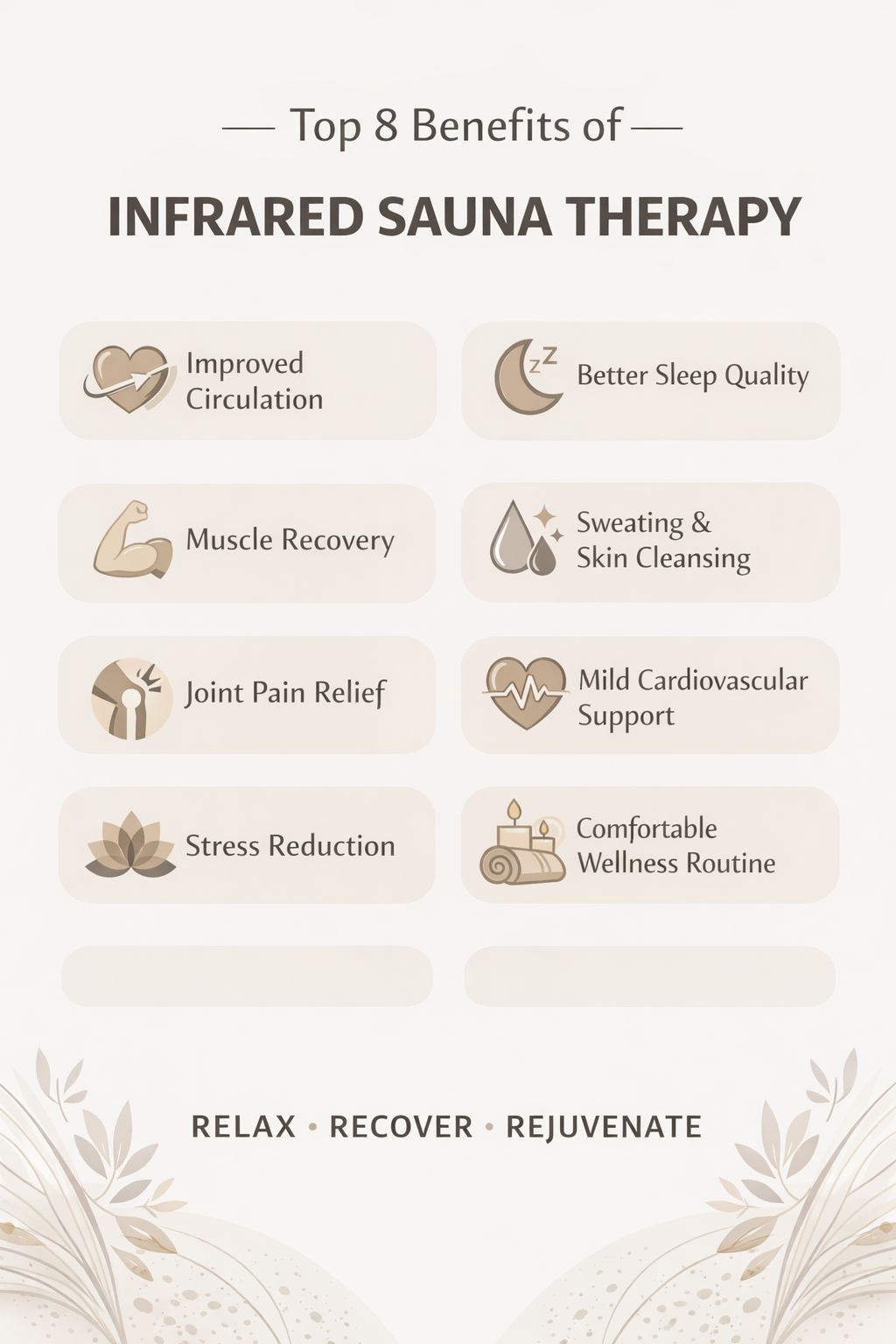 Infographic showing eight benefits of infrared sauna therapy