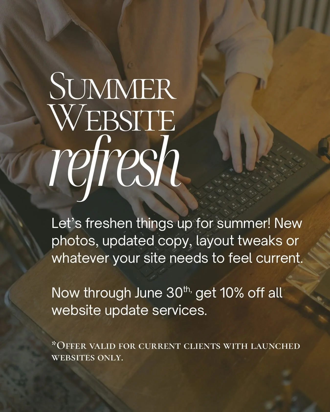If you are a past client with a launched site, this promo is for you! 

Get 10% off all website updates now through June 30th. Shoot me a message or reach out through the link in bio to book your summer refresh. 🕶️

**offer valid for existing Lindse