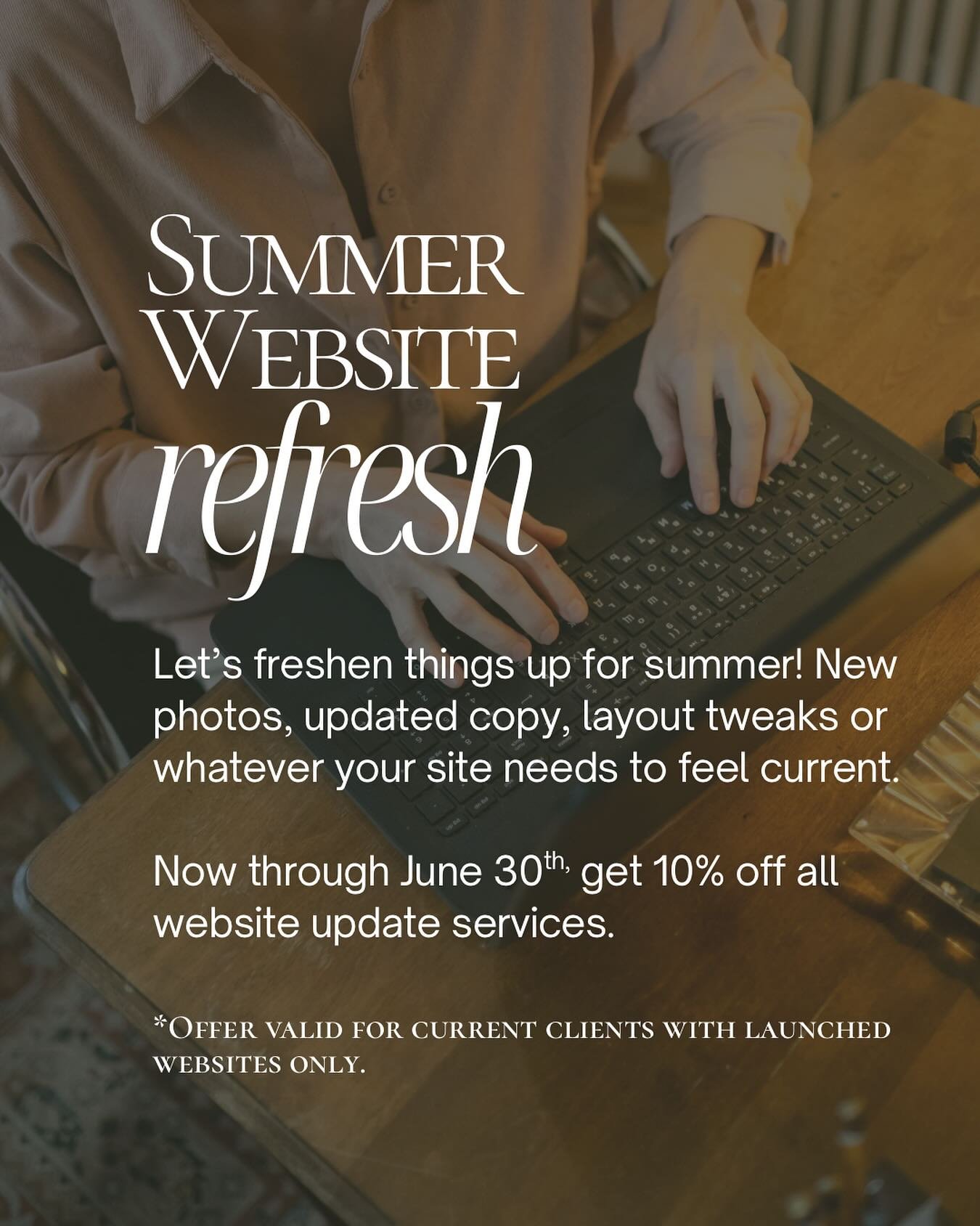 If you are a past client with a launched site, this promo is for you! 

Get 10% off all website updates now through June 30th. Shoot me a message or reach out through the link in bio to book your summer refresh. 🕶️

**offer valid for existing Lindse