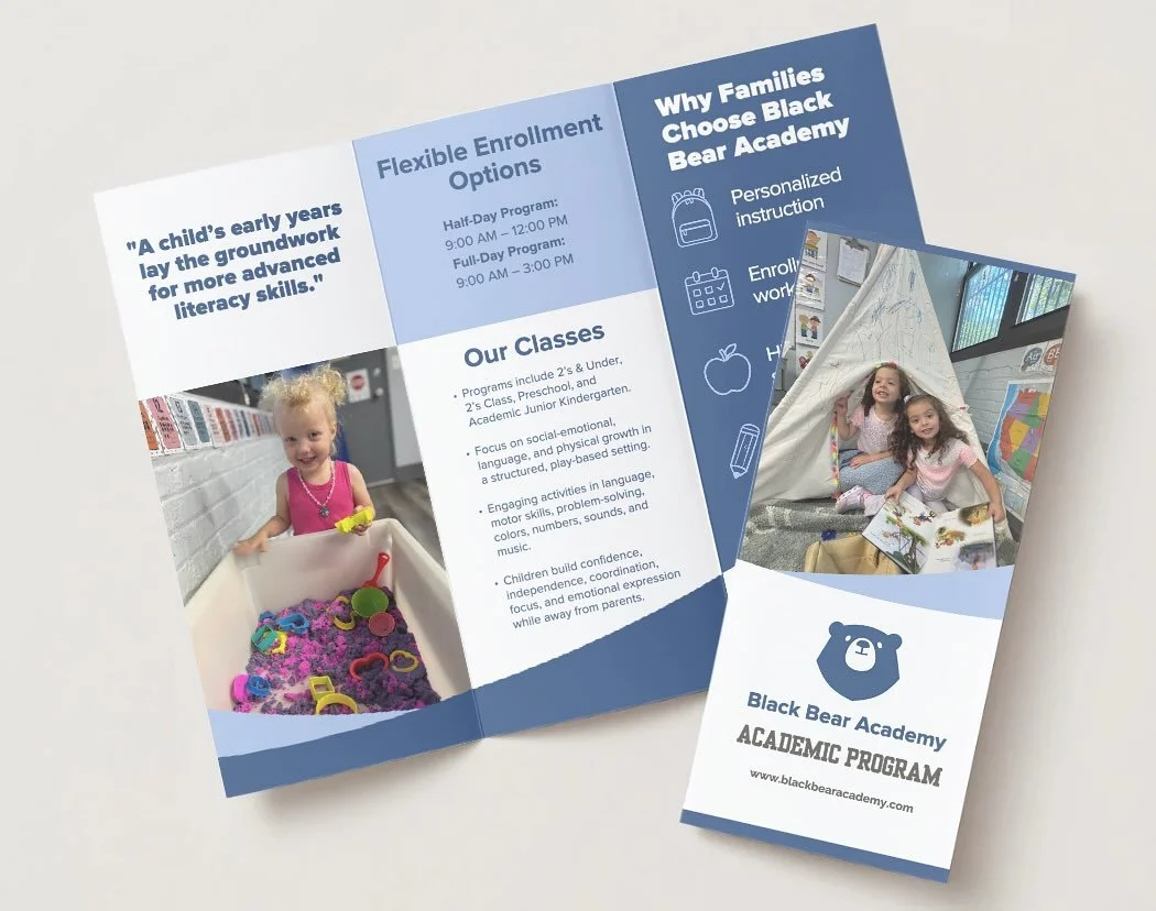 I don't stop at websites. I bring your brand to life offline too. 

For @blackbearacademy, I carried their digital branding through to print with this custom brochure design keeping the same colors and tone. 

Whether it's a website, brochure, busine