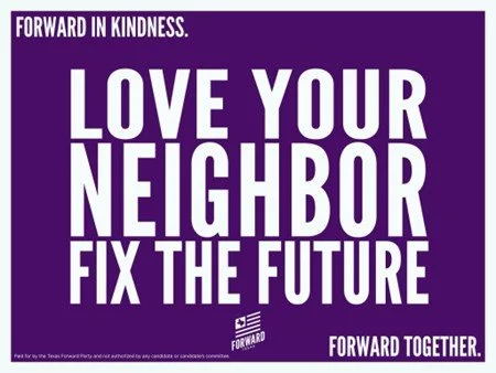 Purple poster with white bold text that says 'Love Your Neighbor, Fix The Future', and smaller text at the top says 'Forward in Kindness.'