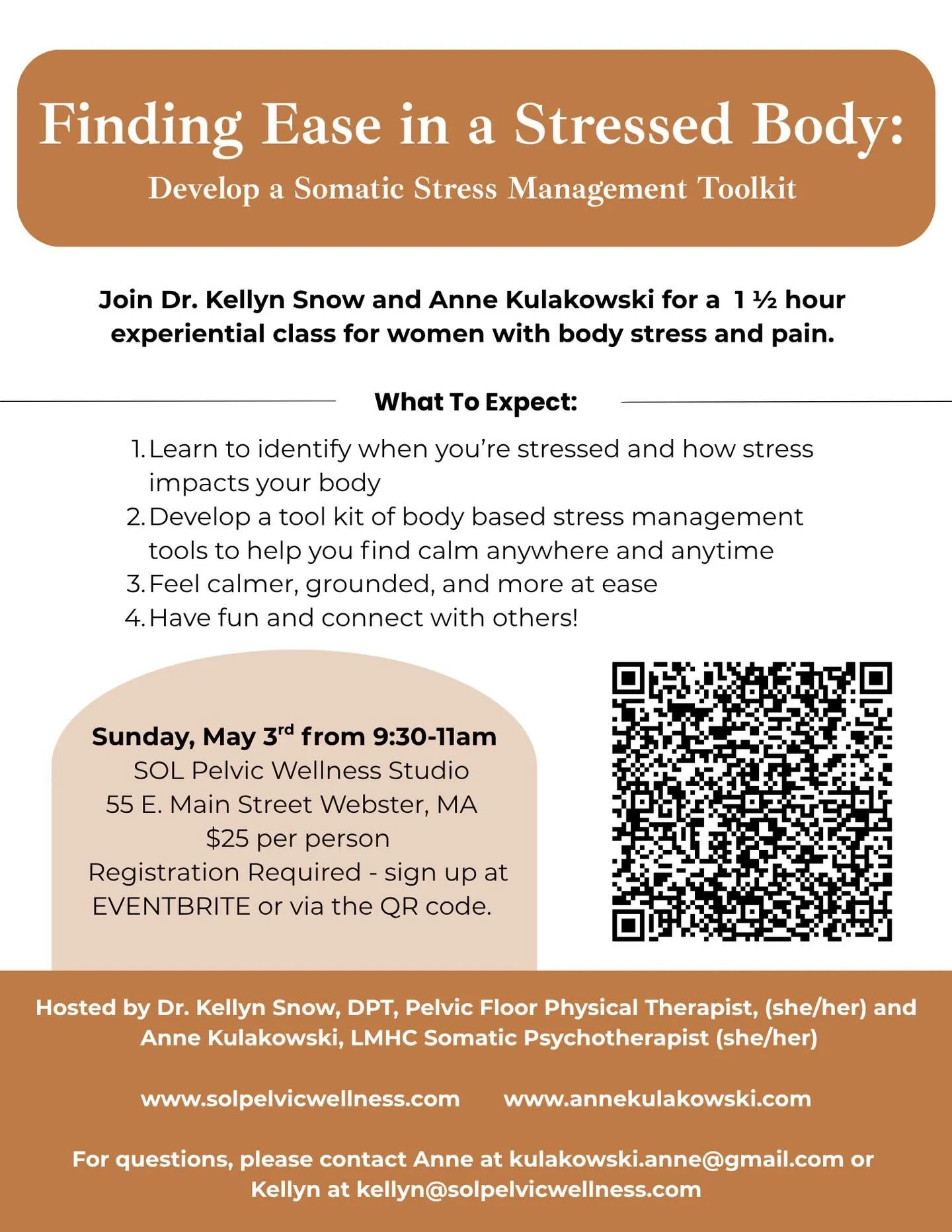Come join me and Anne Kulakowski (LMHC, polygonal therapist, somatic psychotherapist) on May 3rd 9:30-11 for a workshop at the studio! We are going to help you learn how to identify stress, develop a tool kit for stress management, and feel more grou
