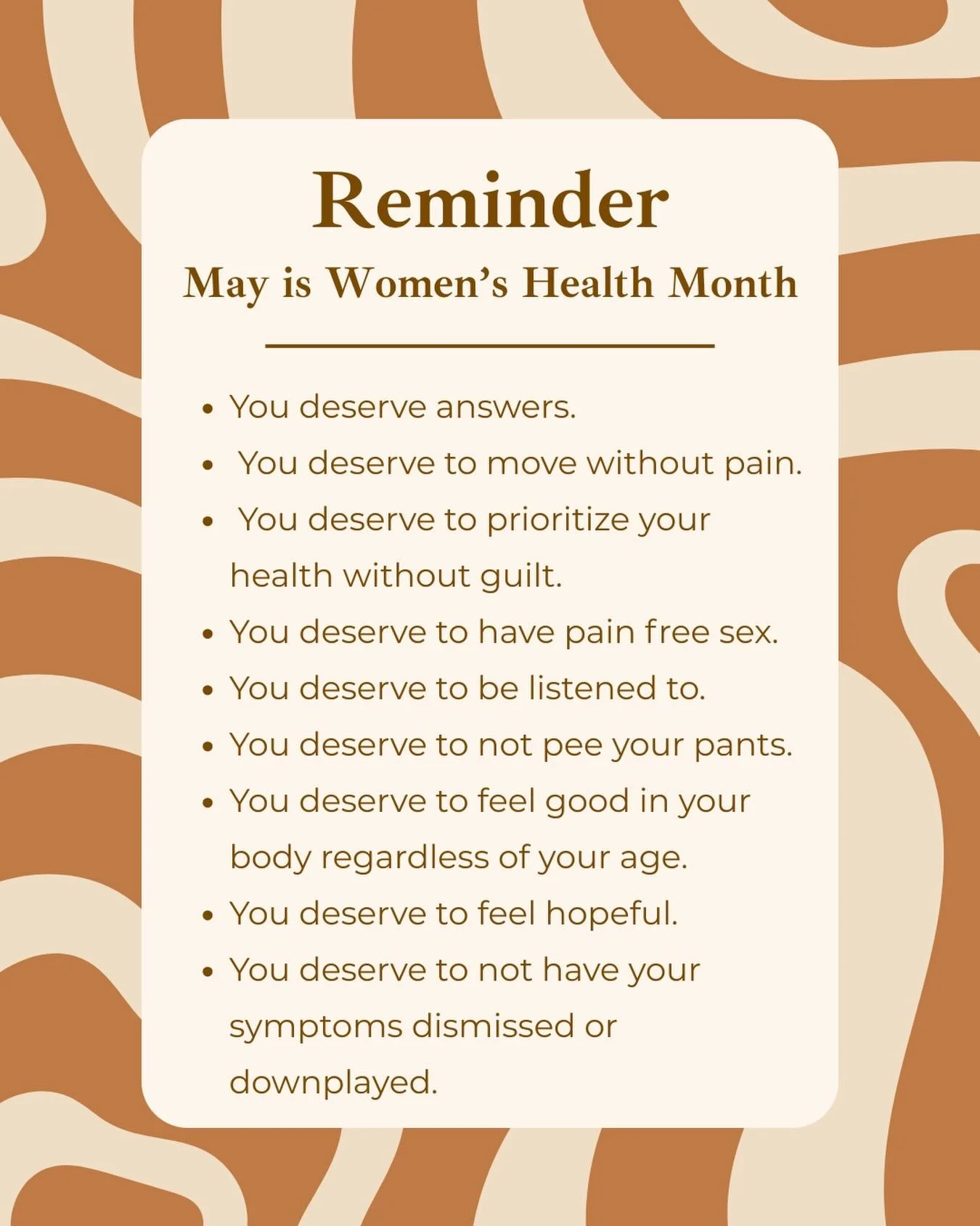 Because women deserve more 🧡

Schedule your initial evaluation to learn more about how pelvic floor physical therapy can help improve your quality of life. Visit www.solpelvicwellness.com to schedule #pelvicfloorphysicaltherapy #worcester