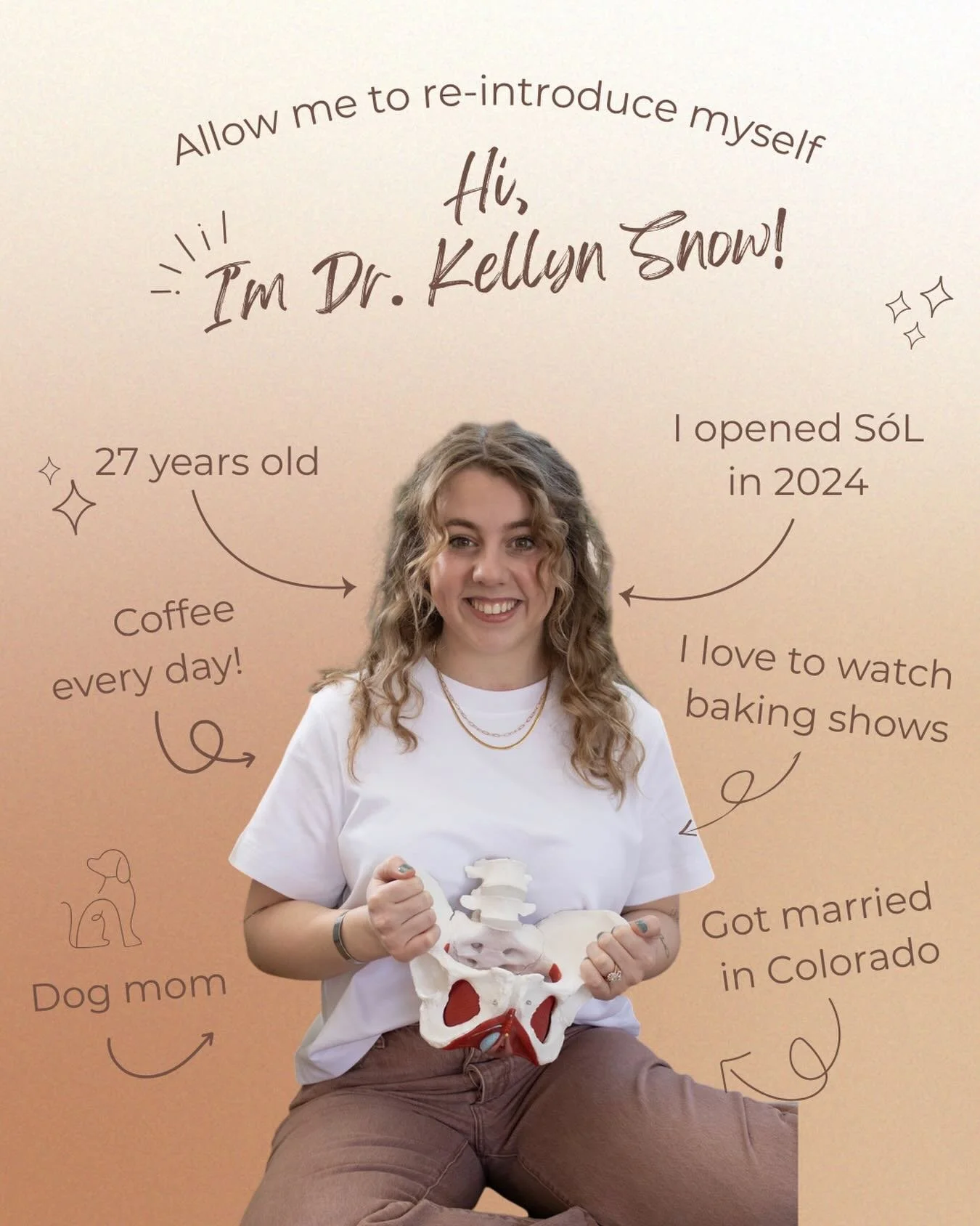 Hi everyone!! I&rsquo;m Dr. Kellyn Snow, owner of S&oacute;L Pelvic Wellness Studio 🧡

Schedule your initial evaluation to learn more about how pelvic floor physical therapy can help improve your quality of life. Visit www.solpelvicwellness.com to s