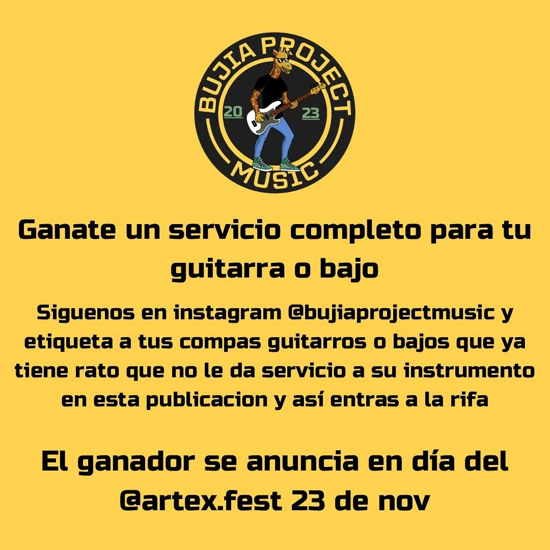 🎸🎶 &iexcl;RIFA DE SERVICIO COMPLETO PARA TU BAJO O GUITARRA! 🎶🎸

&iquest;Tu instrumento ya pide a gritos un poco de amor? 💔 &iexcl;Esta es tu oportunidad para consentirlo como se merece! En Buj&iacute;a Project Music, rifamos un servicio complet
