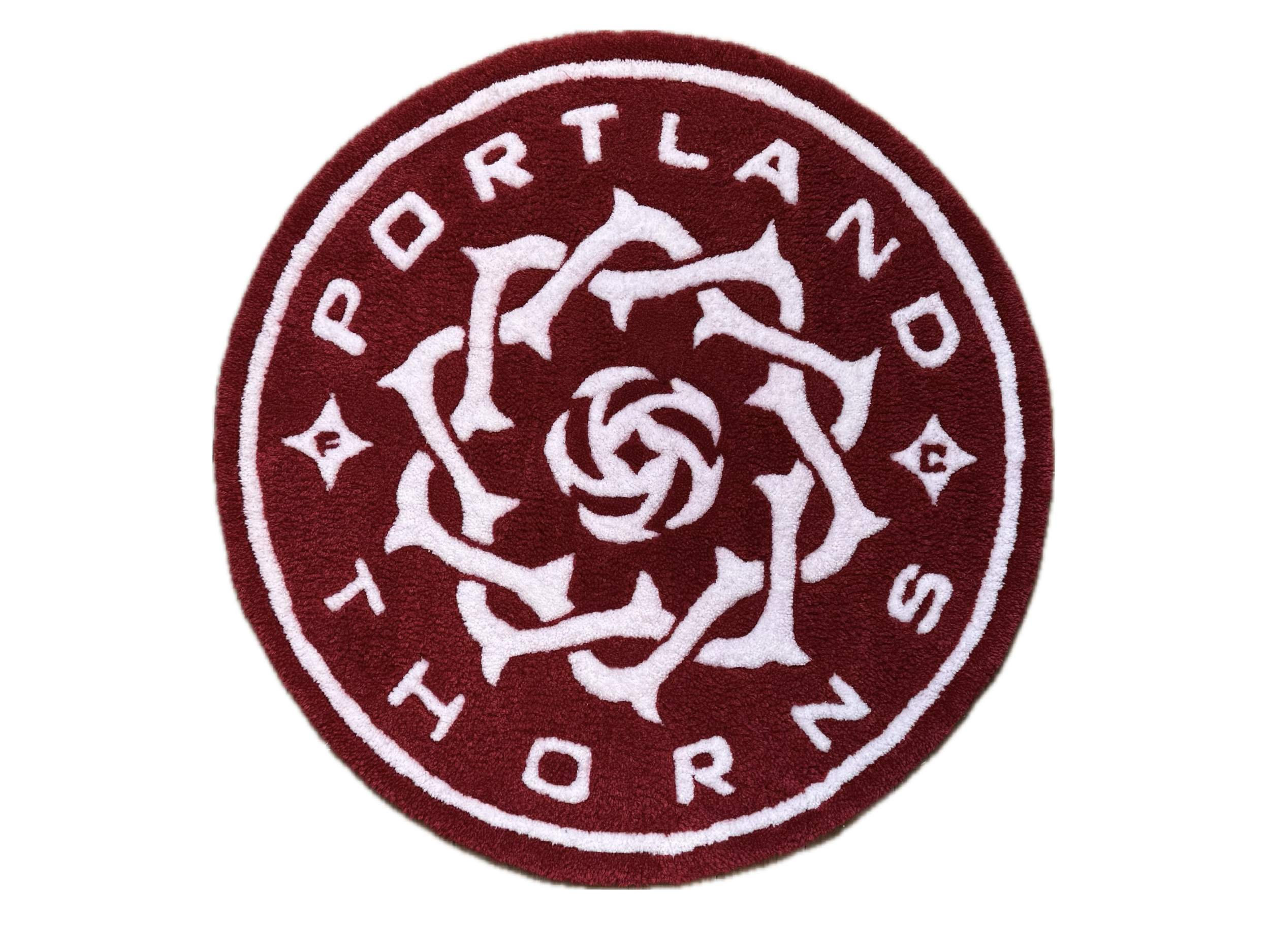 Red and white circular rug with the words 'Portland Thorns' and a stylized rose logo in the center.