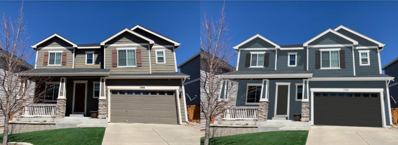Before and after of an exterior using virtual color consulting services.