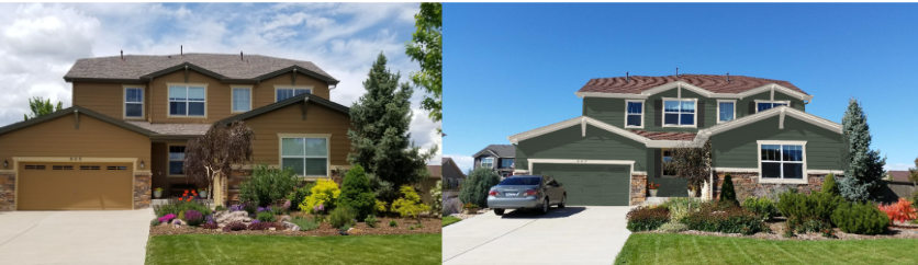 Before and after of an exterior using virtual color consulting services.