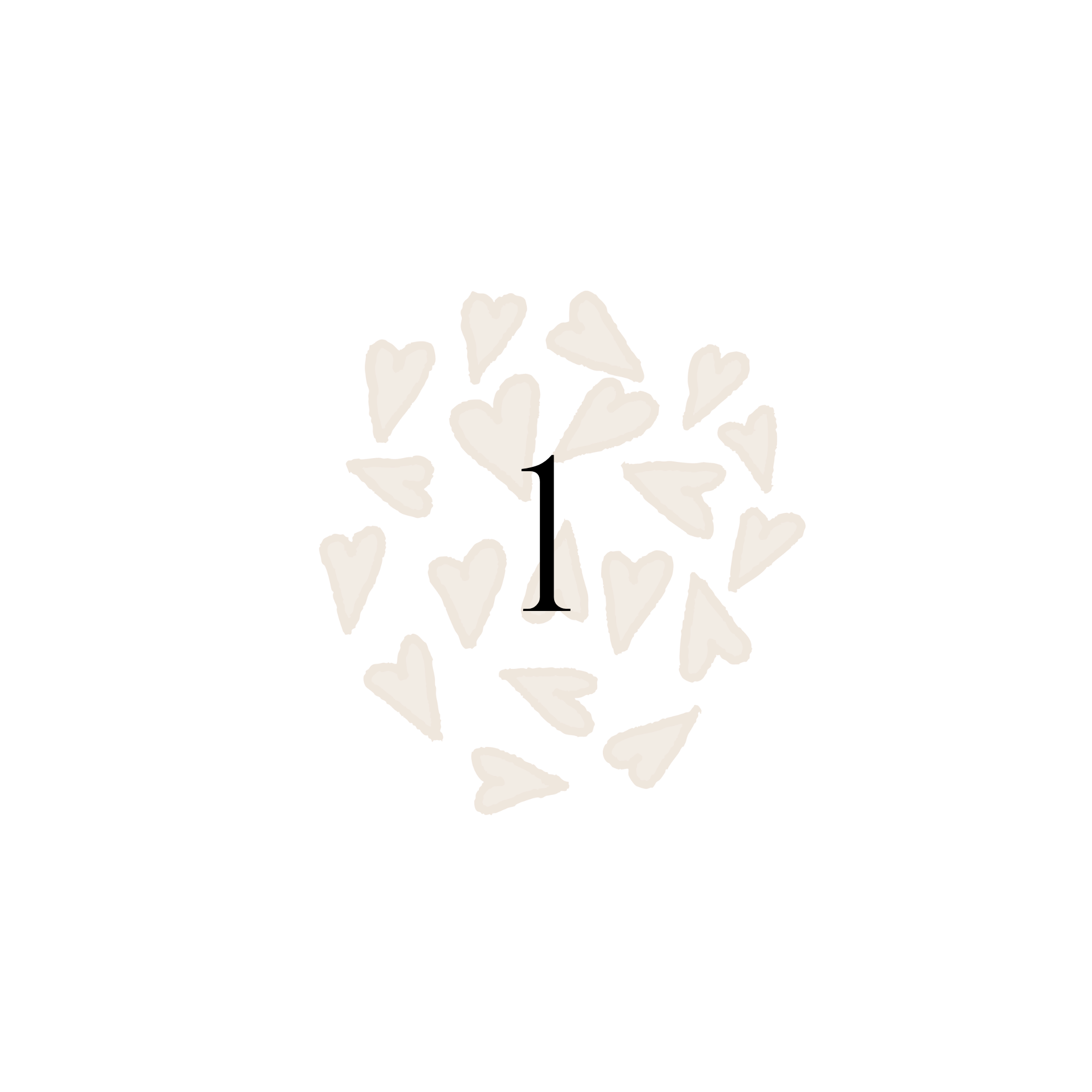 A collection of multiple brown heart-shaped cookies on a white background, with a large black number one in the center.