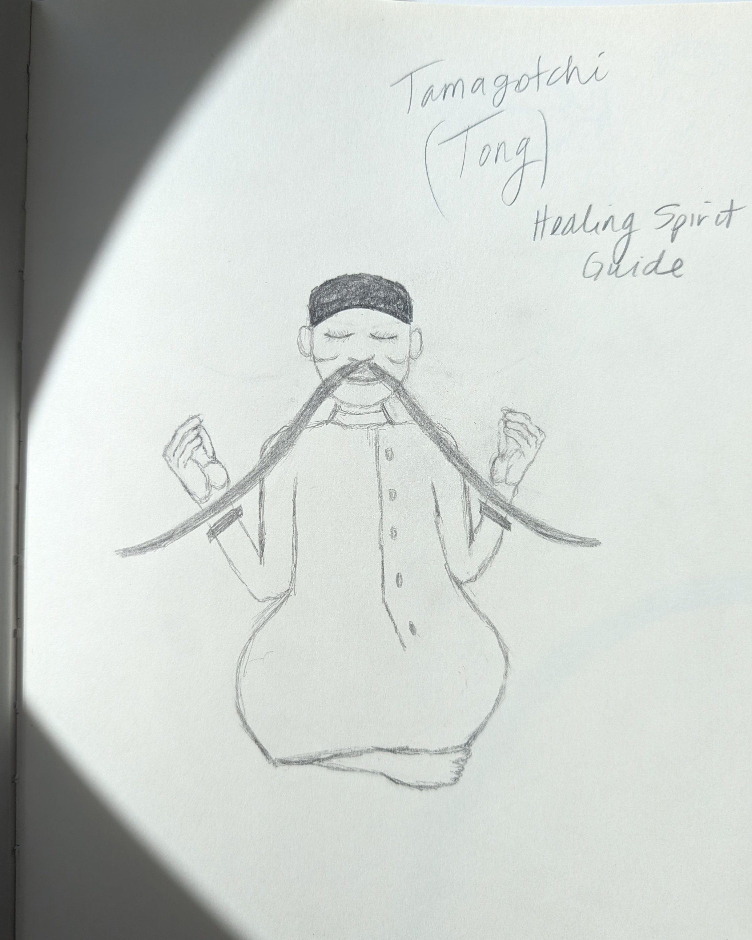 Drawing of a person with closed eyes, wearing traditional Asian attire, praying with hands clasped, standing inside a vessel, with handwritten notes about Tamagotchi (Tong) and healing spirit guide to the top right.