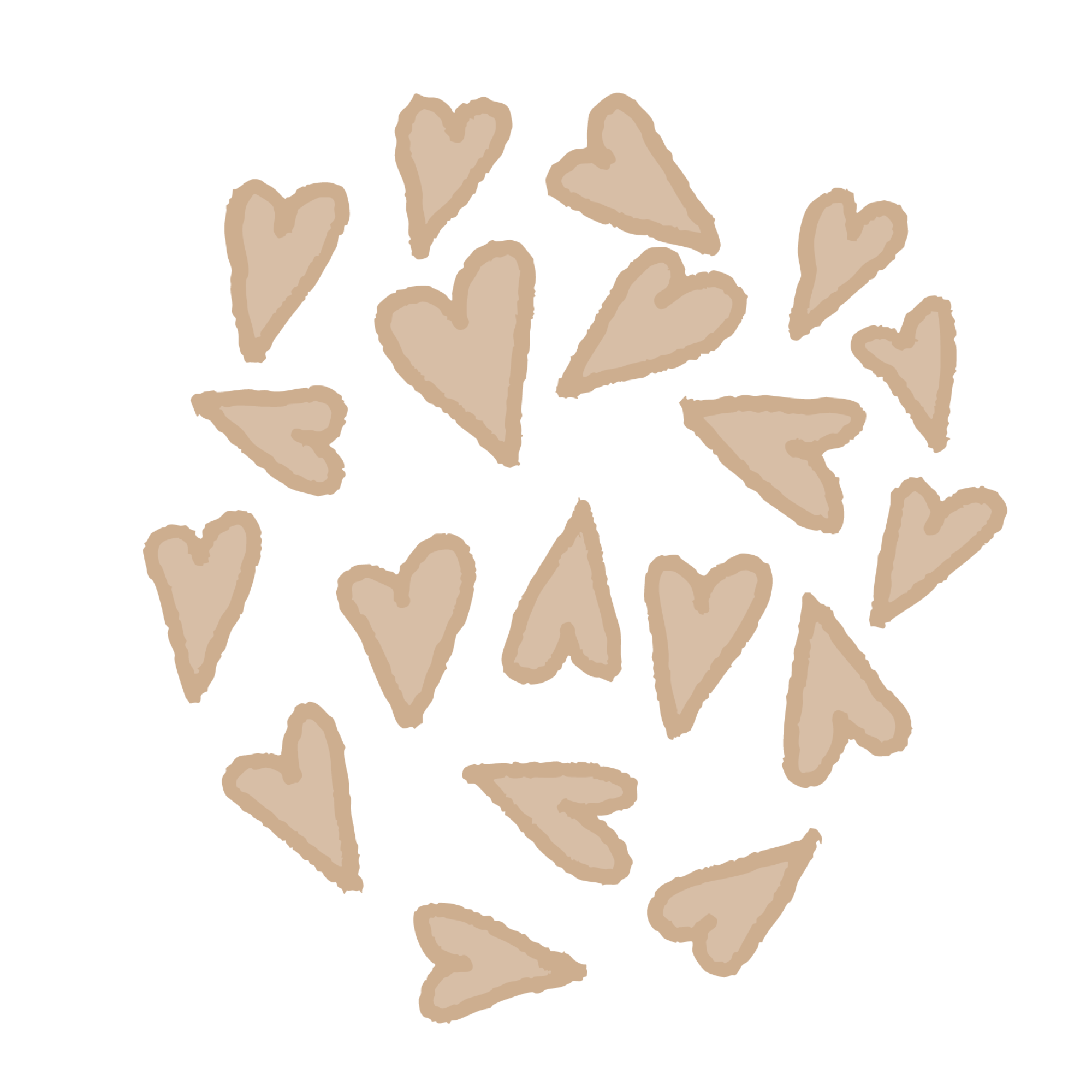 Hand-drawn beige hearts of varying sizes scattered on a white background.