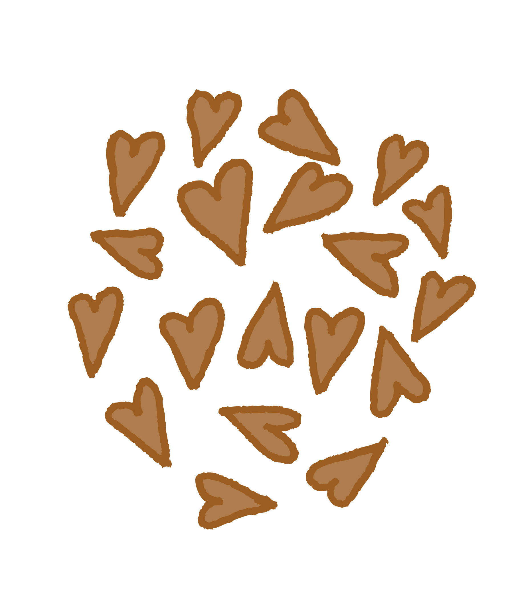 Brown heart-shaped cookies scattered on a white background.